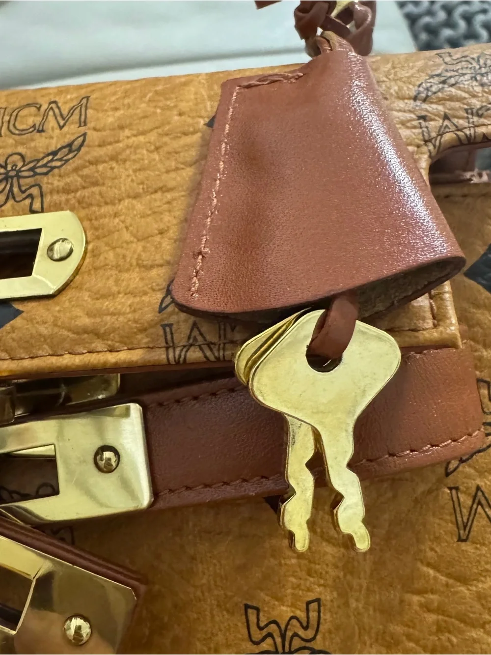 MCM Brown Kelly Cognac Visetos Top Handle Satchel with Gold Hardware